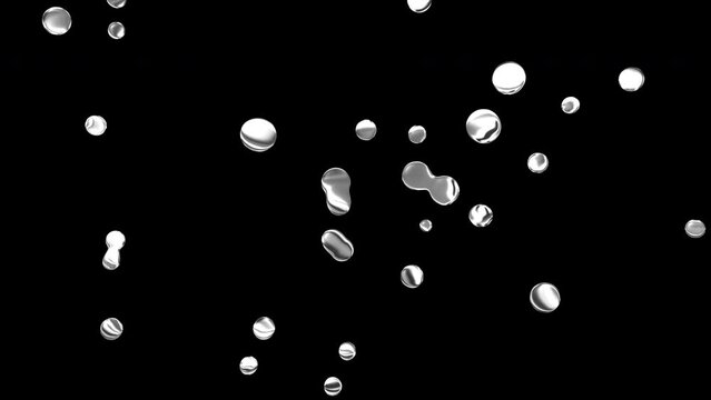 3D Liquid Metal morphing blobs explosion transition, chrome texture shiny silver abstract shapes bubbles isolated on black background with alpha matte.