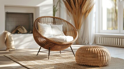 White sofa with wicker pouf and rattan lounge chair. Generative Ai
