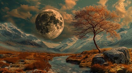 a tree with an orange-brown edge, a small river, an orange moon partially obscured by multi-tiered clouds, mountains with snow-capped peaks, - Powered by Adobe