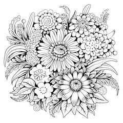 Coloring page for adults. A beautiful bouquet of flowers