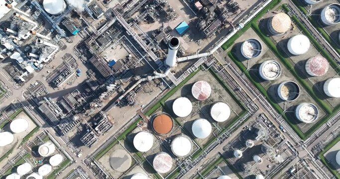 Aerial top down view on refinery petrochemical installation. 404,000 barrels of crude oil are processed per day. The main products made by the refinery are gas oil diesel, gasoline, kerosene, base