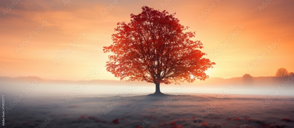 Poster majestic tree silhouette enveloped in misty fog as sun sets in the background