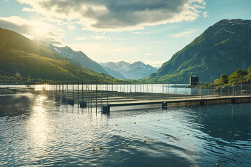 Fish farm where fish are bred and fed with seascape and mountains in the background - 758202507