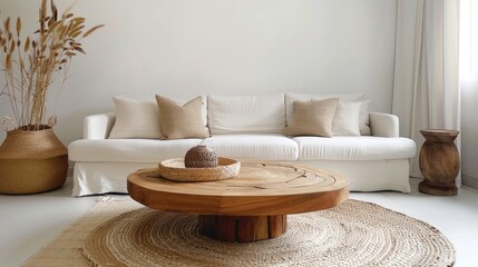 Wooden coffee table paired with a white sofa. Generative Ai