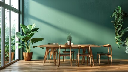 Wooden dining table and chairs with a green wall backdrop. Generative Ai - obrazy, fototapety, plakaty