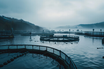 Fish farm where fish are bred and fed with seascape and mountains in the background - 758202556