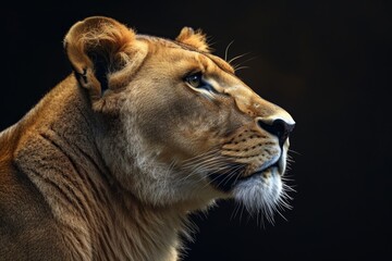 Portrait of a lioness in profile on a black background