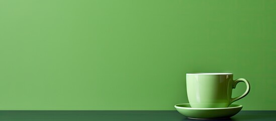 Serenity in Green: A Peaceful Moment by a Lush Foliage Wall with Teacup and Saucer