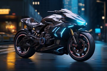 3D rendering of a futuristic motorcycle on dark background with neon lights