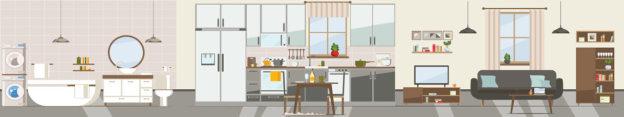 Modern cozy apartment style with equipment (furniture, sofa, armchair, dishes). Kitchen, bathroom, living room. Flat Vector illustration