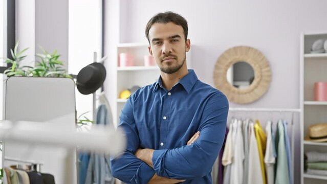 Confident young hispanic man with arms crossed standing in a modern clothing room with shelves of colorful clothes