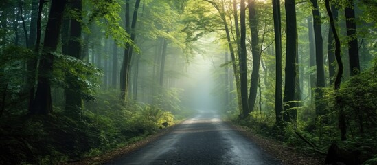 Serene Path through Lush Green Woodland: Tranquil Road Amidst Dense Forest Trees