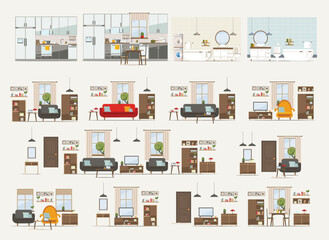 set with interiors, kitchen, bathroom, living room and bedroom, flat vector illustration of rooms with equipment