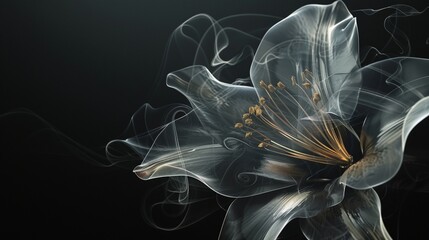 Abstract and ephemeral image of a flower made from black smoke, silver and gold, black background