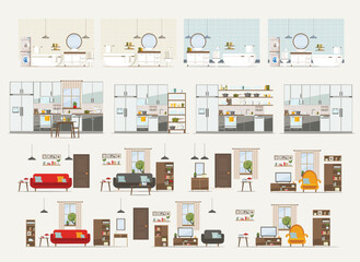 set with interiors, kitchen, bathroom, living room and bedroom, flat vector illustration of rooms with equipment
