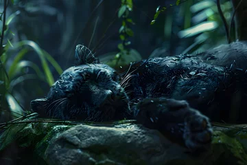 Tuinposter Stealthy Repose: Black Panther Lying in Verdant Jungle Oasis © aimodels24