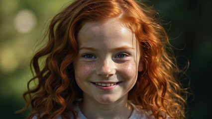 Portrait of a child - a cute red-haired curly girl in the rays of the sun