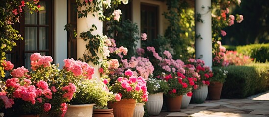 Naklejka premium Vibrant Array of Potted Blooms Ready to Brighten Any Porch or Garden Space