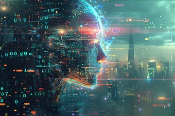 digital artwork depicting a powerful AI entity analyzing and manipulating big data - obrazy, fototapety, plakaty