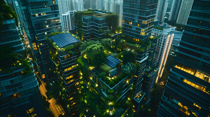 A cityscape with green rooftops and solar panels, viewed from above, wide shot to capture the...