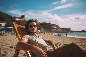 a relaxed young man sit on the beach chair 