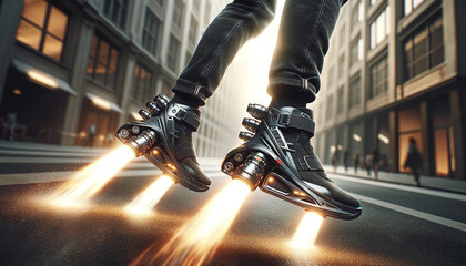 Person with jet-powered rollerblades soars over city street. - obrazy, fototapety, plakaty