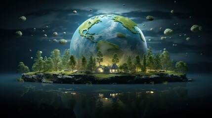Mini planet earth with houses and trees at night