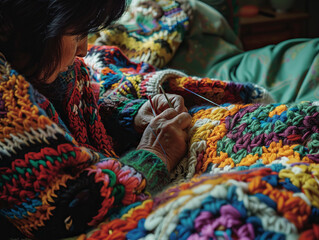Close-up of senior hands knitting with multicolored yarns on a vibrant crochet blanket
