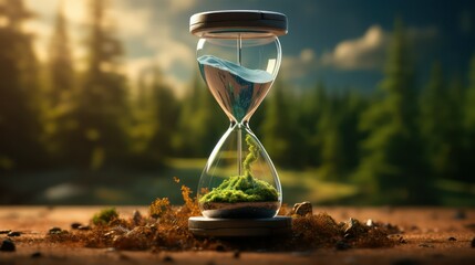 Time concept. Hourglass with sand and green plant on nature background - obrazy, fototapety, plakaty