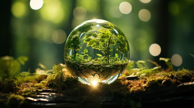 Glass ball with green grass and goldfish inside. Nature concept.