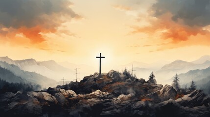 Three crosses at sunrise on the summit of the mountain. Generative Ai - obrazy, fototapety, plakaty