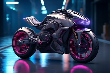 3D rendering of a futuristic motorcycle on dark background with neon lights