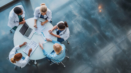 Medical team engaged in a discussion around a round table, viewed from a high angle.