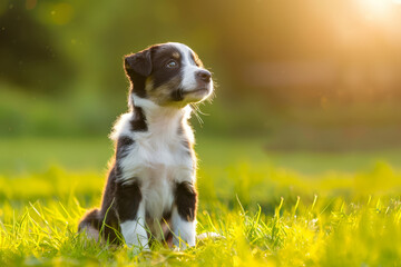 Cute little puppy sitting on green grass in sunlight - 758205186