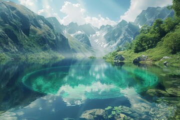 photo realistic image of a breathtaking natural landscape with a perfectly circular lake reflecting the beauty of the hi-tech world on the horizon.