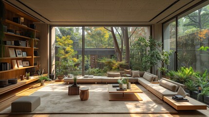 Modern living room with nature view
