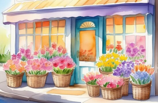cozy flower shop with flowers in baskets. Watercolor Illustration