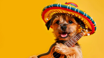 small red terrier dog in a Mexican traditional sombrero hat playing the guitar ukulele on a bright yellow orange background copy space Cinco De Mayo holiday Funny pets