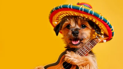 Fotobehang small red terrier dog in a Mexican traditional sombrero hat playing the guitar ukulele on a bright yellow orange background copy space Cinco De Mayo holiday Funny pets © Lena_viridis