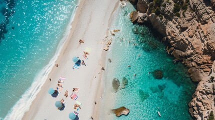 Aerial photo of a beach with turquoise water and white sand with umbrellas, people sunbathing,...