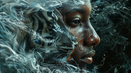 Produce a surreal portrait featuring merging elements of human and animal forms