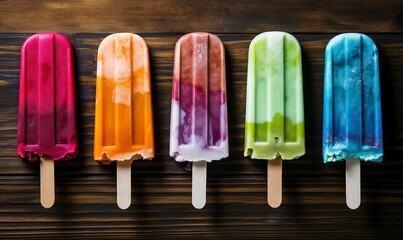 Colorful popsicles on a dark wooden background. Top view.