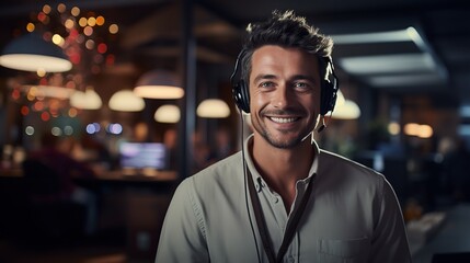 Professional Customer Support: Male Operator with Headset

 - obrazy, fototapety, plakaty