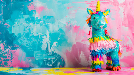 colored unicorn pinata on the background of blue pink pastel painted wall copy space