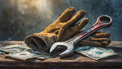 Wrench, old tools and dirty gloves with banknotes, laboulers century, empty space