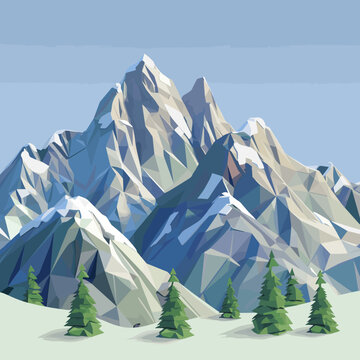 Low Poly Mountains Landscape Vector Background. Polygonal Shapes Peaks With Snow On Top And Trees Around