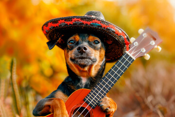 cute dog of black-and-tanhe German pinscher breed in a Mexican traditional colored sombrero hat...