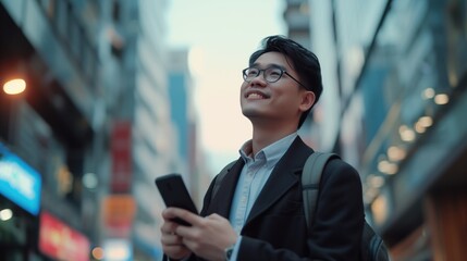Happy smiling asian businessman using smartphone standing in the night city street full of neon lights, Smiling male using mobile phone for social media posting, generative ai