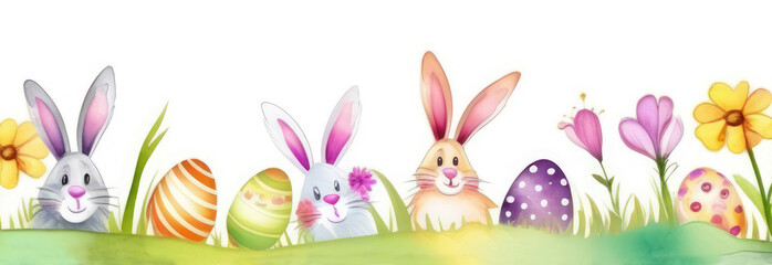 Watercolor Easter border with Easter bunnies, eggs, flowers and green grass.