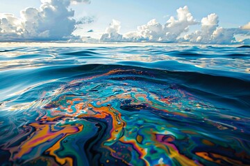 A beautiful blue ocean with a colorful oil spill in the middle. The oil spill is creating a unique and artistic effect on the water - obrazy, fototapety, plakaty